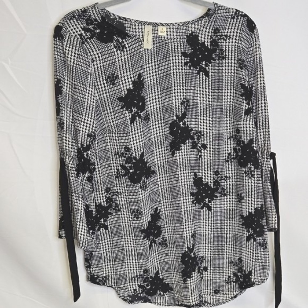 Tacera Houndstooth Floral Blouse,‎ Bell Sleeves Bows, Black White, Small